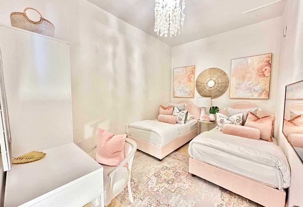 Casa Cova bedroom detail with designer furnishings, Sapphire Tower South Padre Island